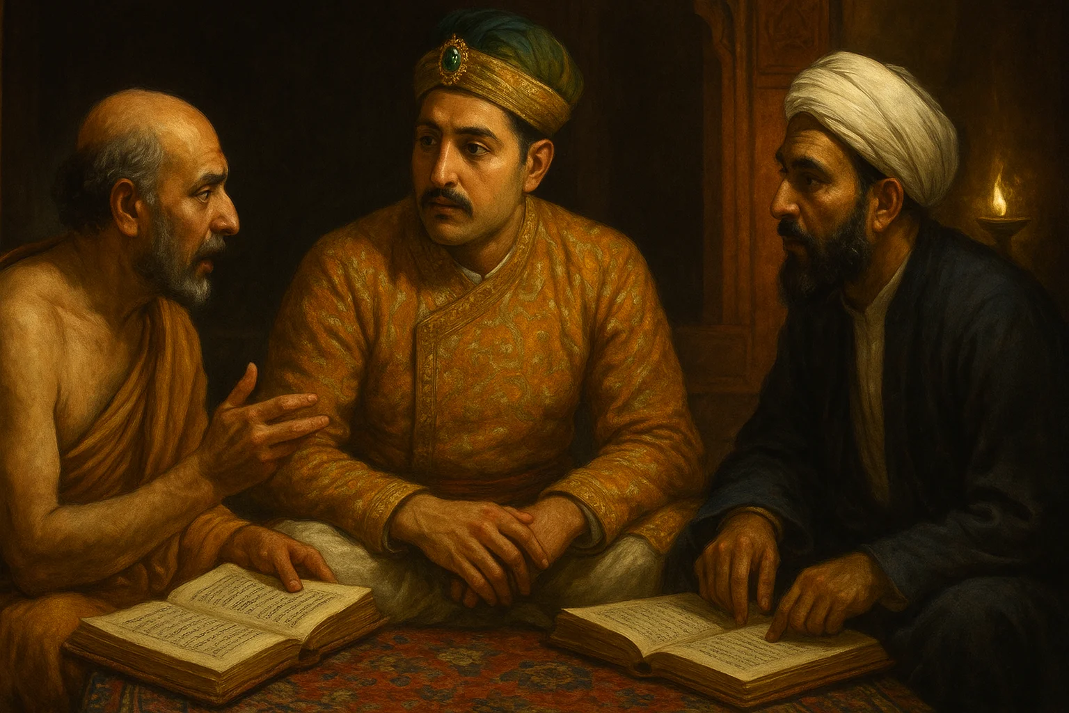 Akbar listening as Hindu pandit and Muslim mullah debate religious texts