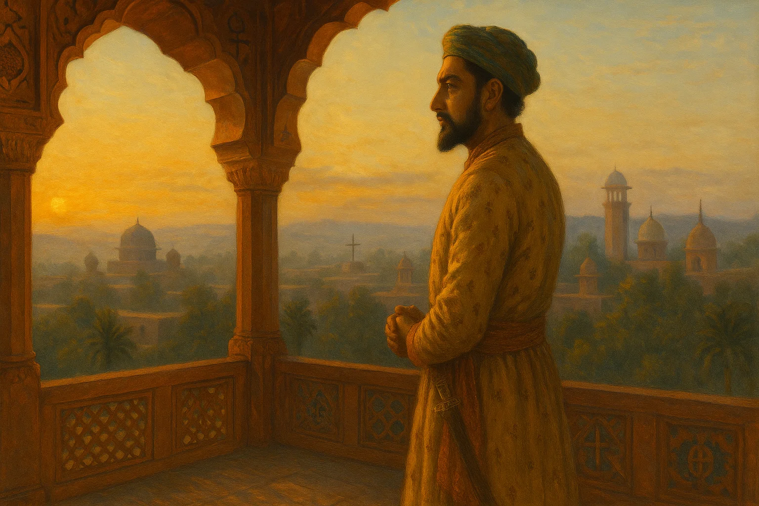 Akbar standing in contemplation at dawn in Fatehpur Sikri