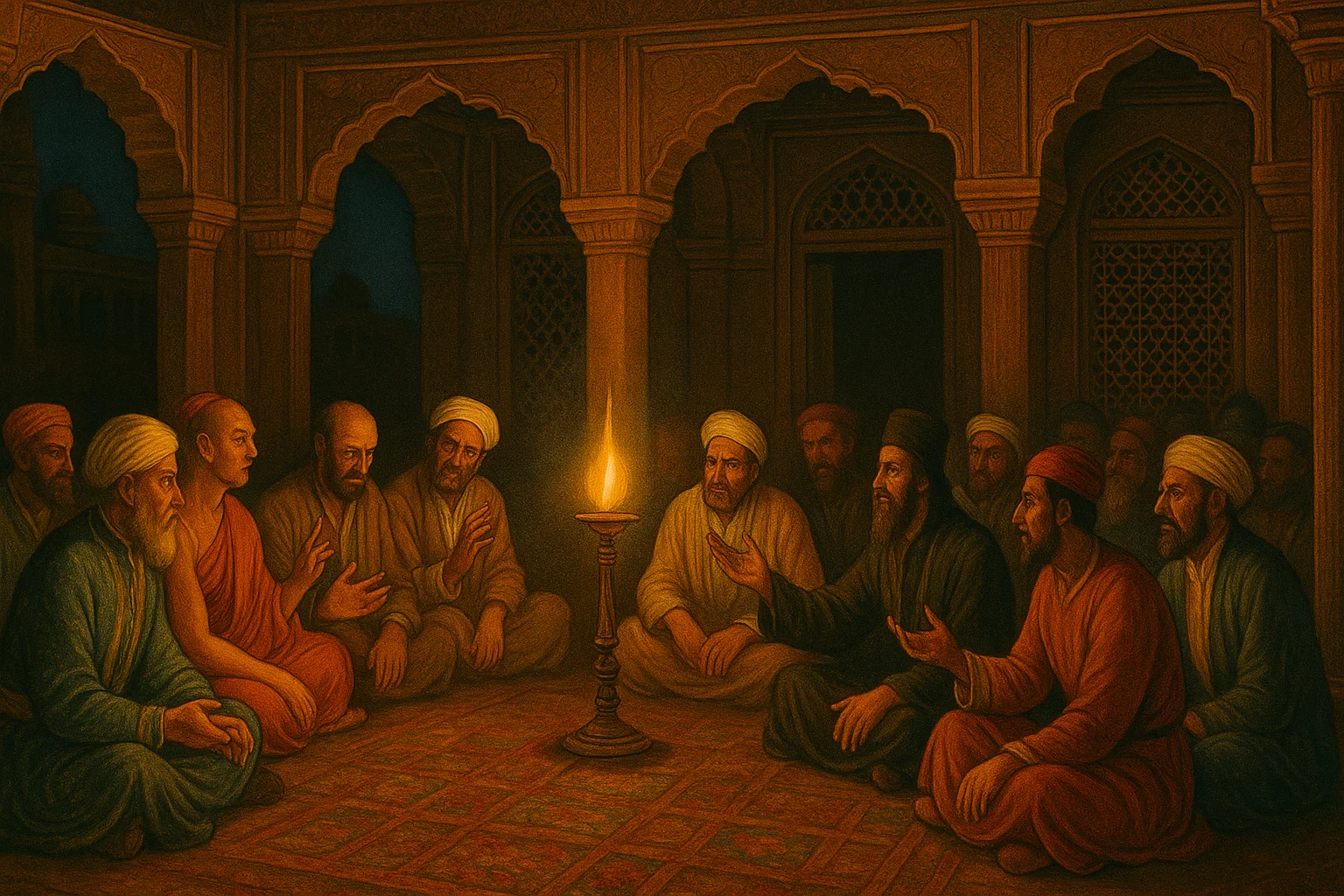 Interior of Ibadat Khana at night with diverse religious scholars seated in debate