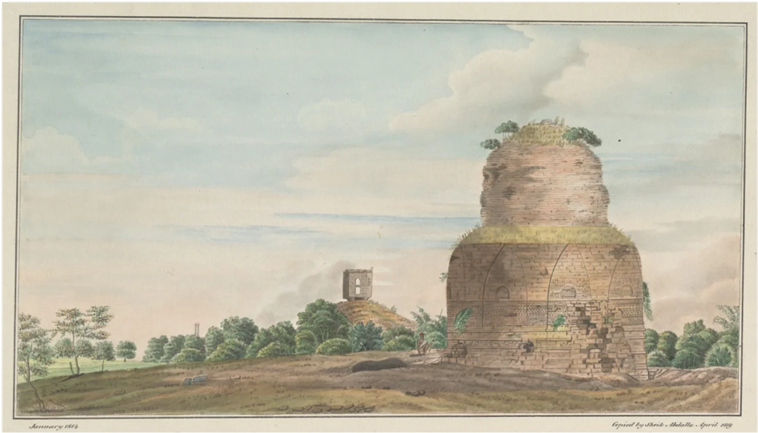 1814 watercolor painting of Dhamek Stupa