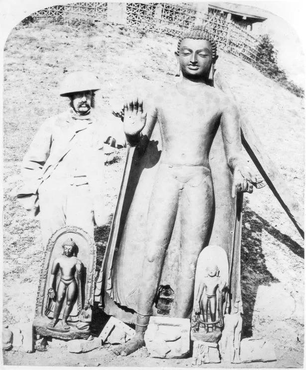 Historical photograph from 1861-1862 showing the Buddha statue after discovery