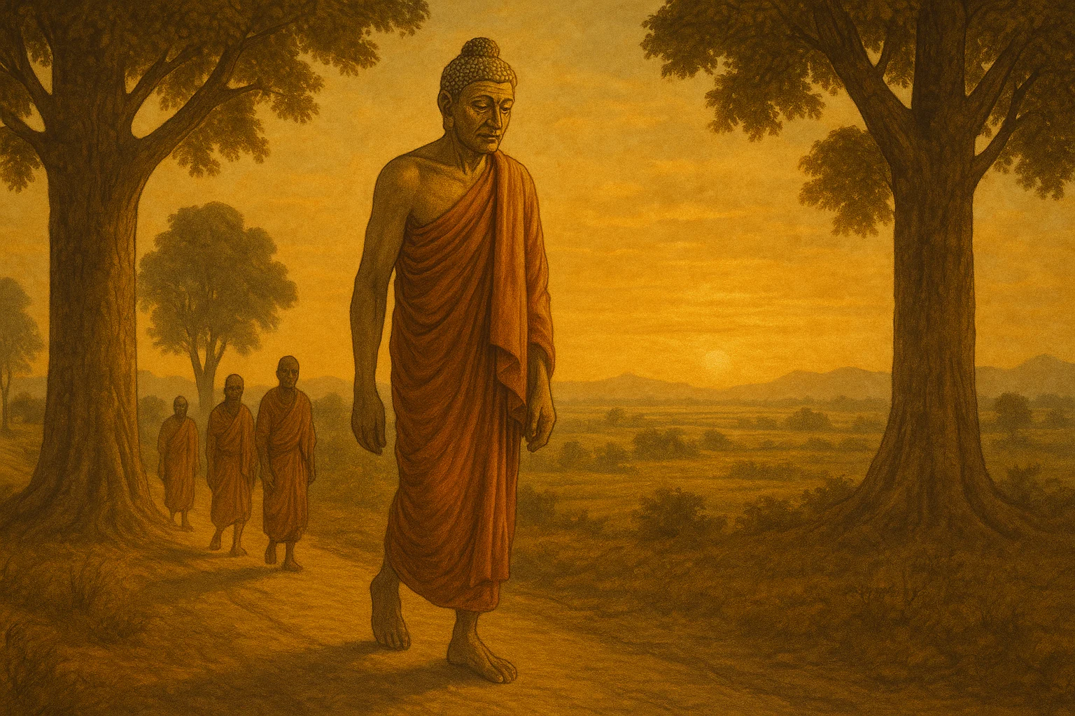 The Buddha sitting beneath a tree teaching his final sermon to gathered monks