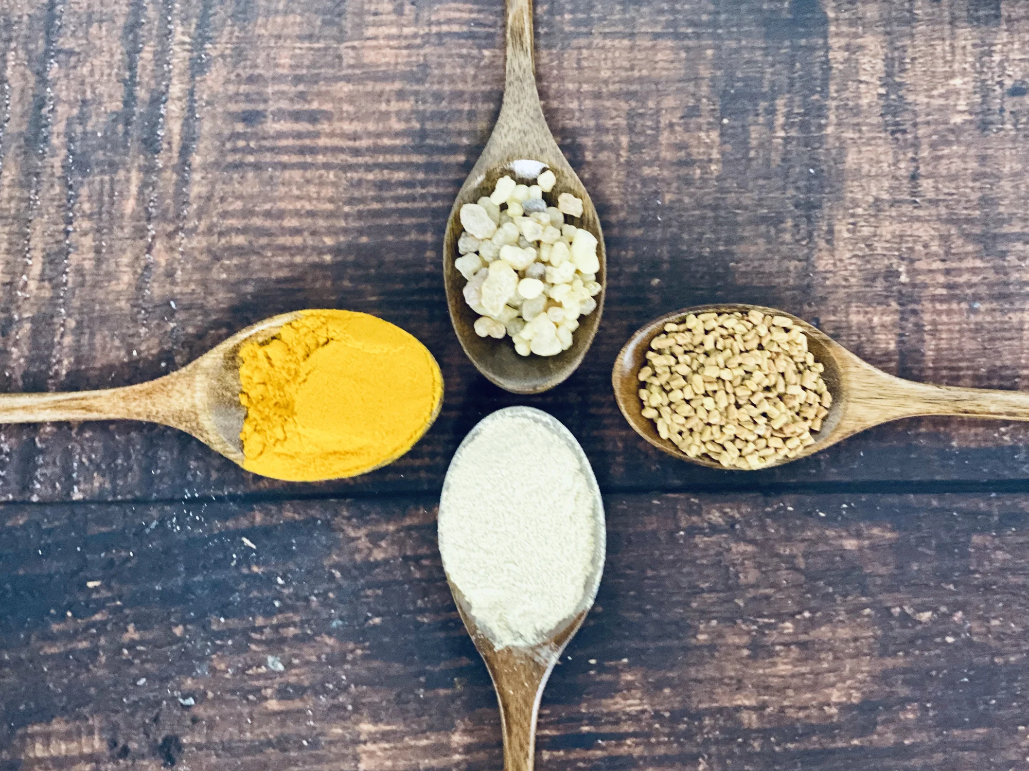 Common Ayurvedic herbs including turmeric, fenugreek, ashwagandha and boswellia