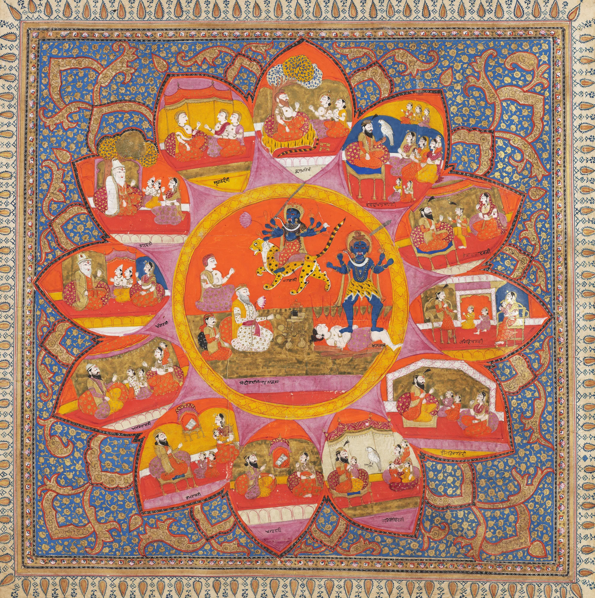 The ten Sikh Gurus depicted with Mahakala