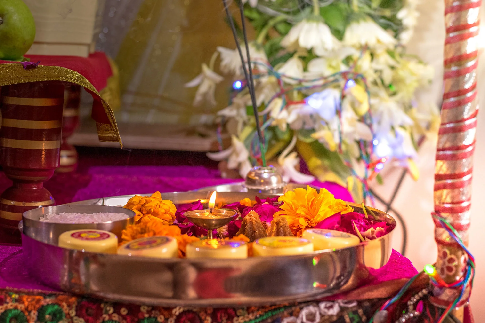 Hindu puja thali with ritual worship items