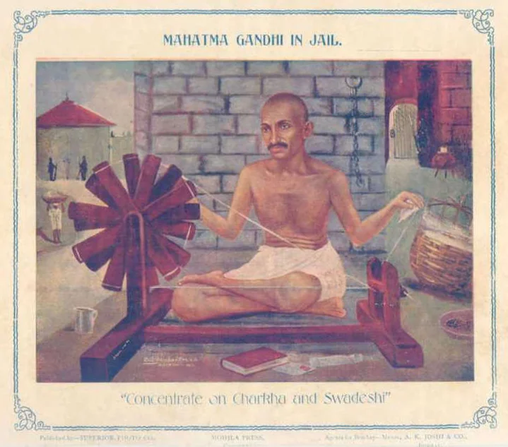 Swadeshi movement promotional art featuring Charkha and local bazaar