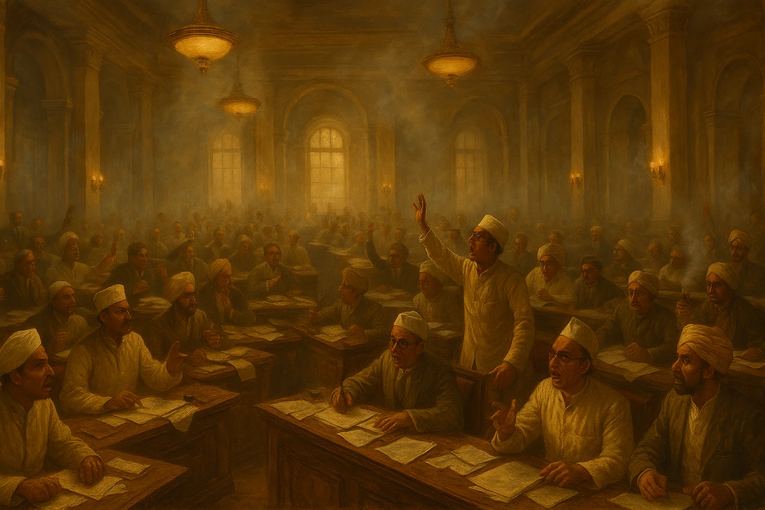 Interior of Constituent Assembly hall filled with delegates in heated debate