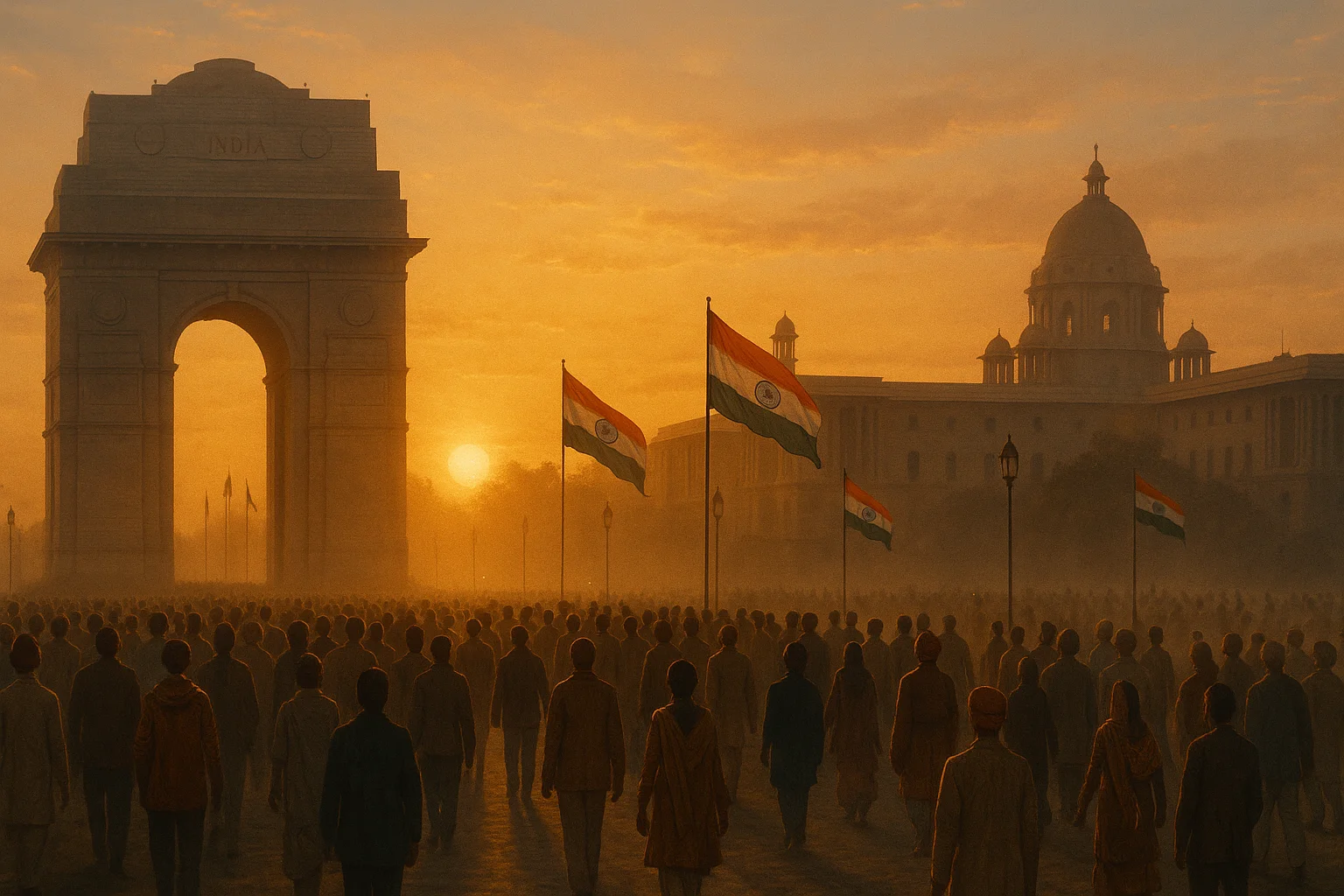 Dawn breaking over India Gate and government buildings in New Delhi on January 26, 1950