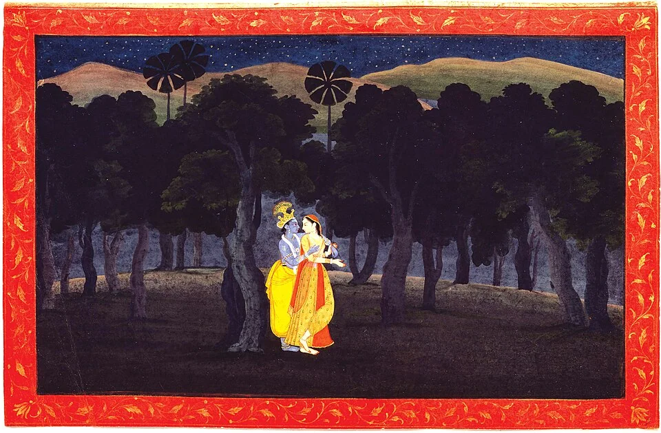 Radha and Krishna walking at night