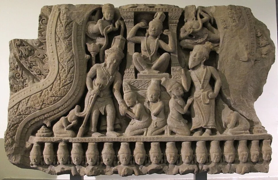 Cambodian pediment depicting scene from Kumarasambhava