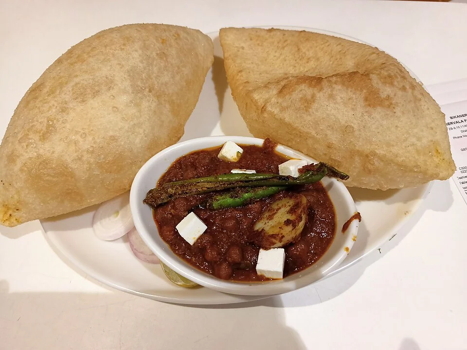Bikaner-style chole bhature on a traditional plate