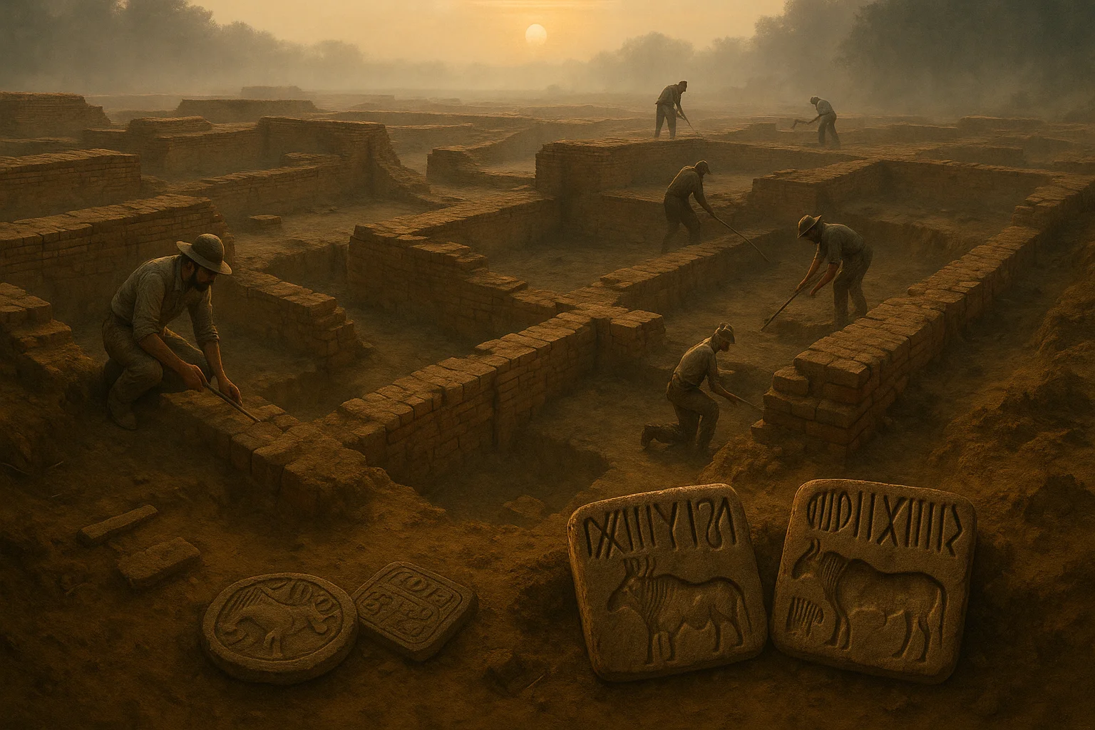 Archaeological excavation revealing ancient Indus Valley brick walls