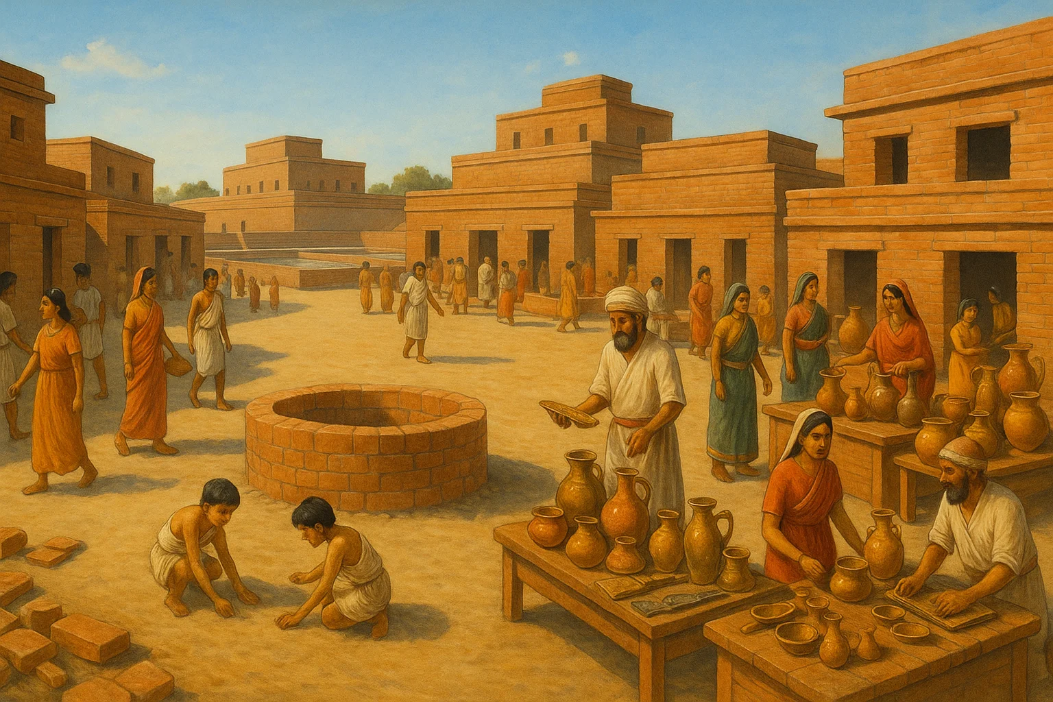 Bustling Harappan marketplace with merchants and citizens
