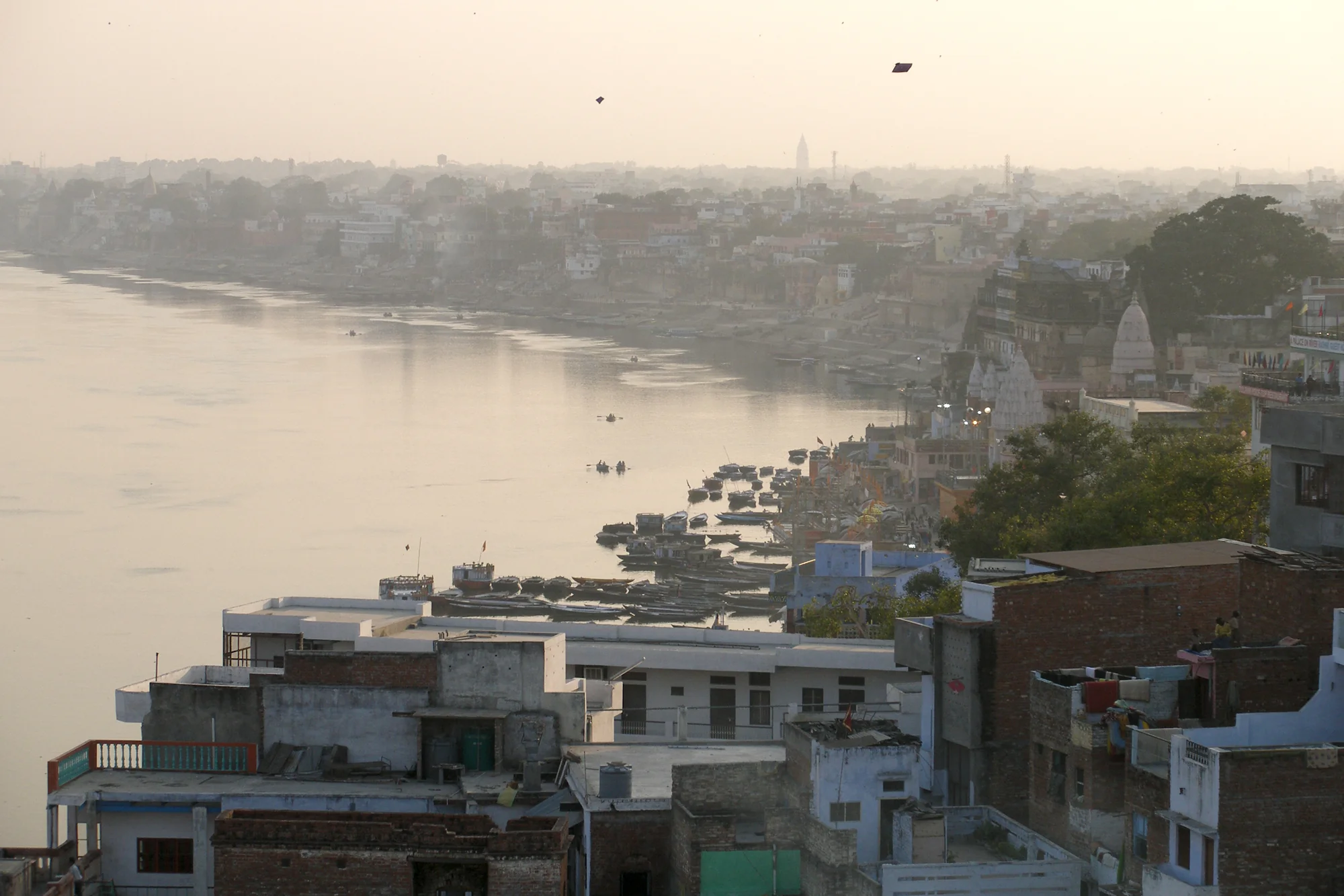 Varanasi skyline in evening light along the Ganges