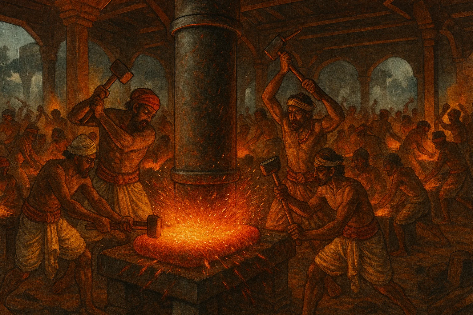 Gupta empire metalworkers forging the iron pillar in a massive forge with blazing fires