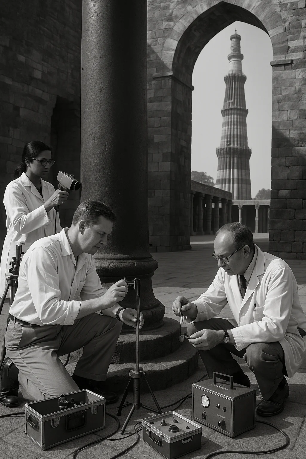 Modern scientists examining the Iron Pillar with instruments