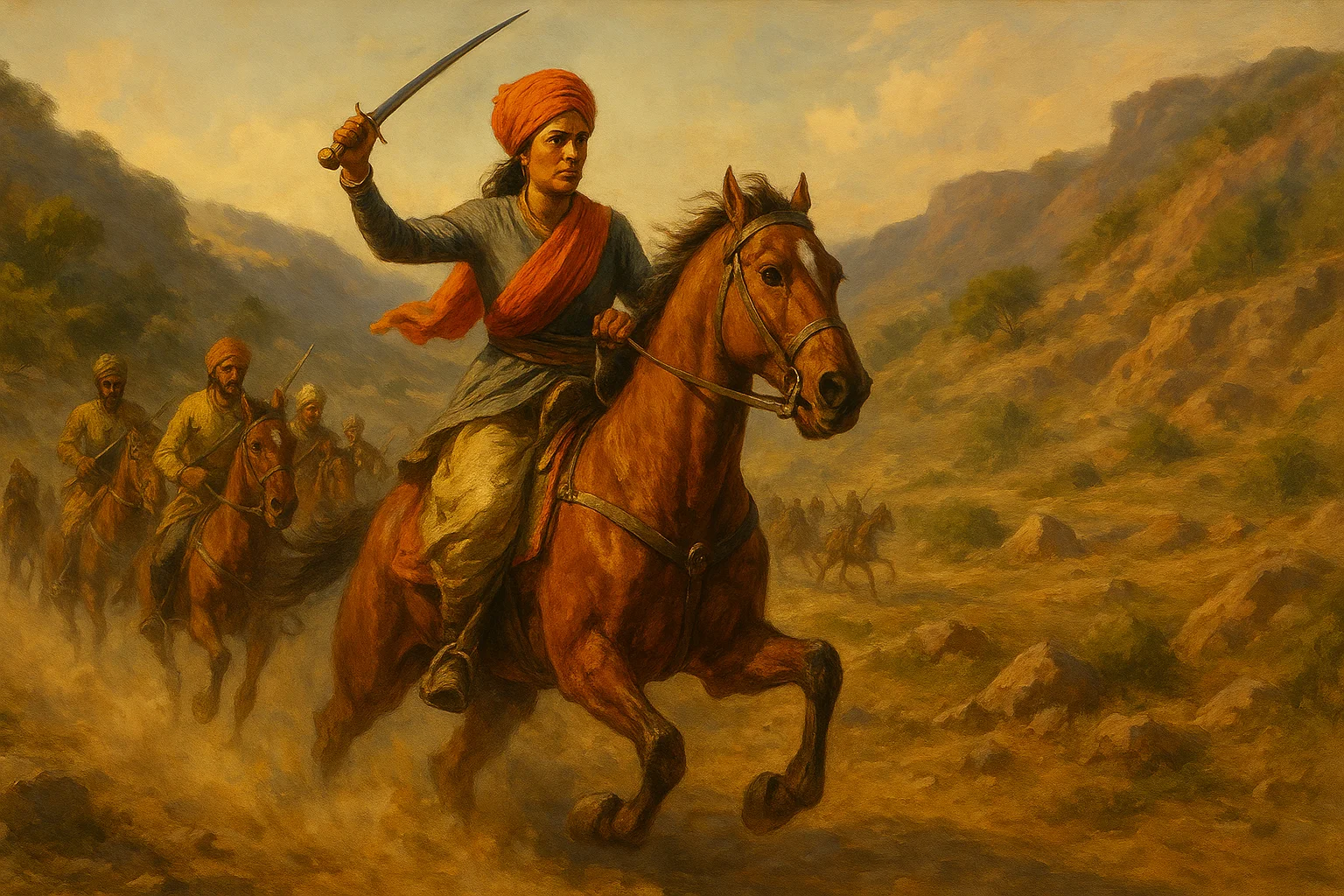 Rani Lakshmibai on horseback leading cavalry at Gwalior