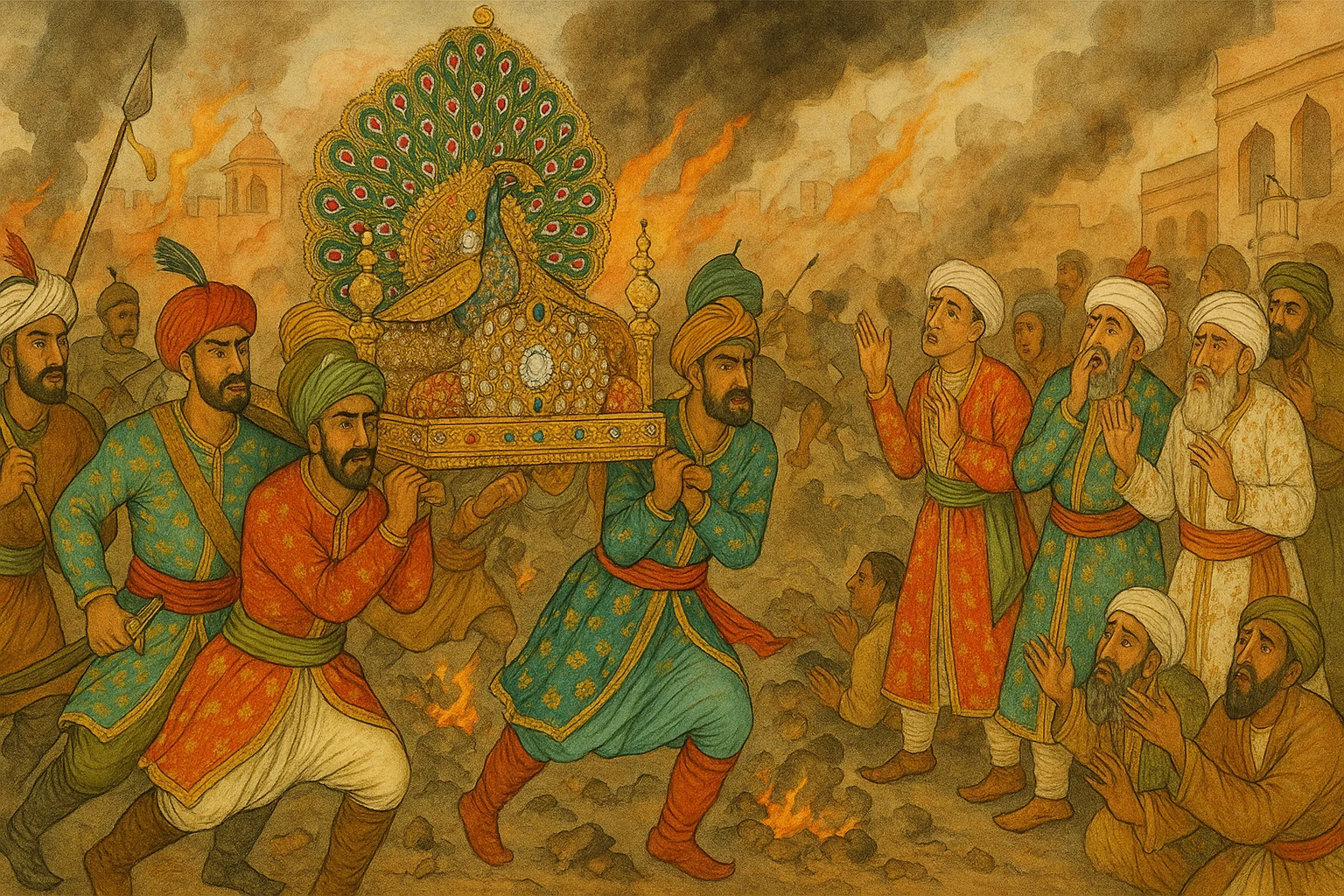 Persian soldiers under Nader Shah carrying away the Peacock Throne from Delhi