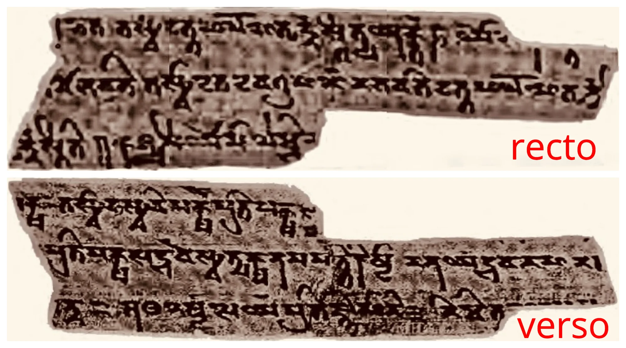 2nd-century CE Sanskrit manuscript fragment from Kizil, China showing both sides of the Spitzer Manuscript