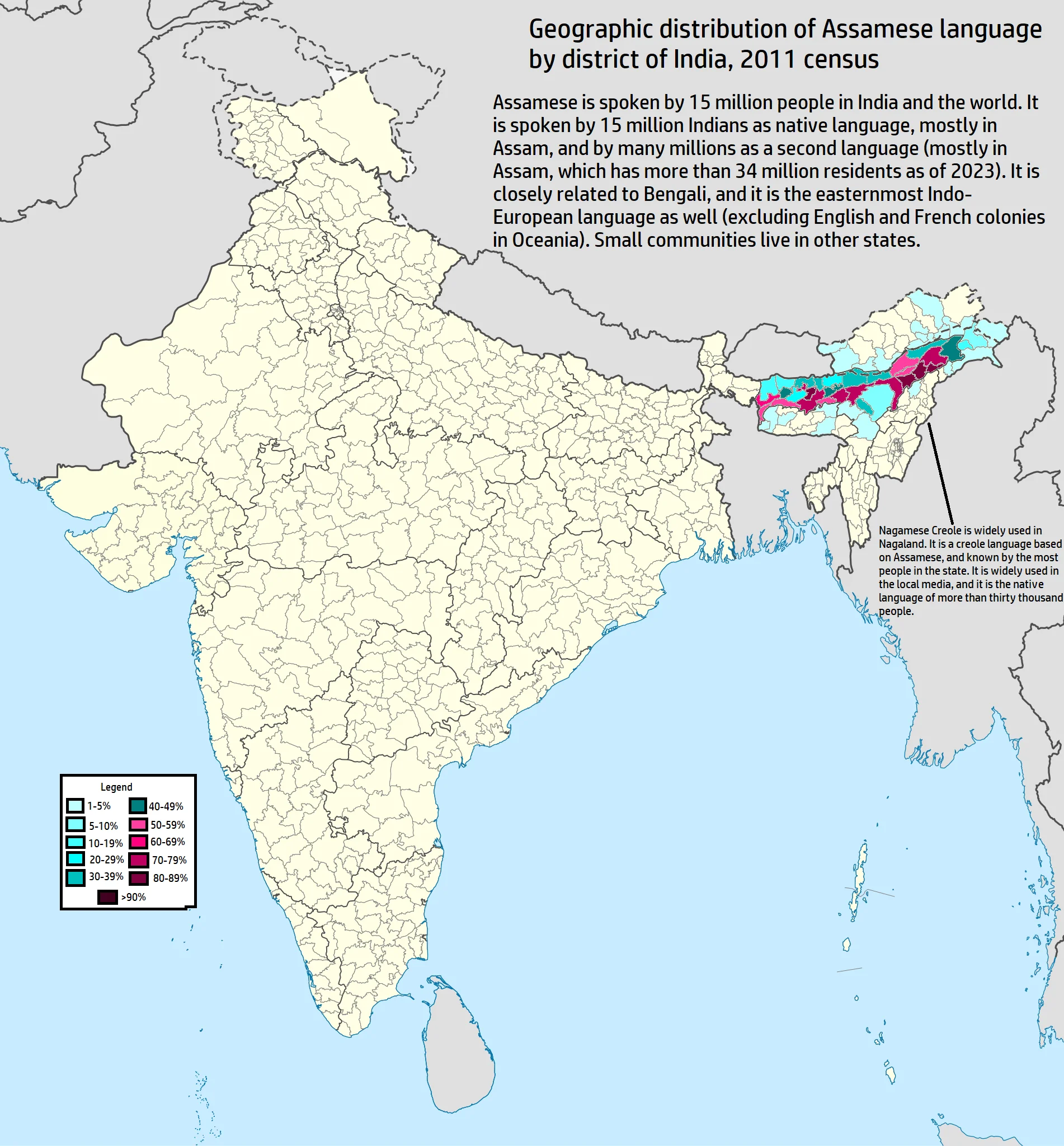 Map showing geographical distribution of Assamese language speakers