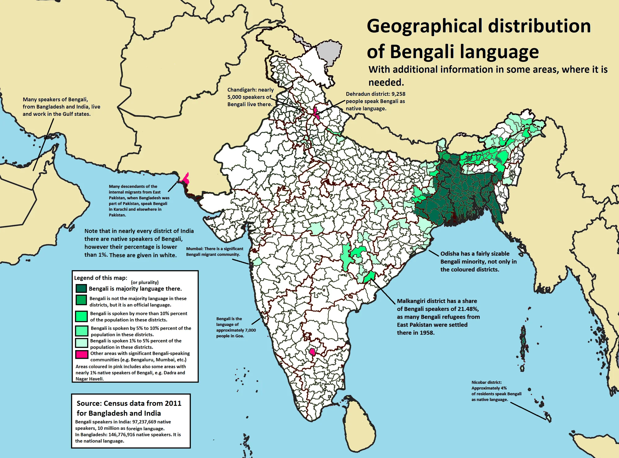 Map showing geographic distribution of Bengali language speakers
