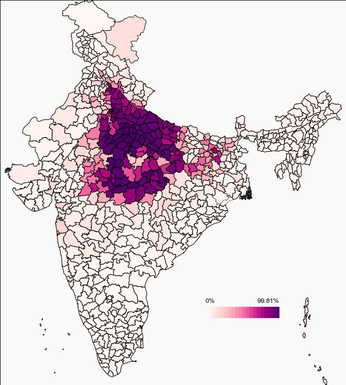 District-wise map of Hindi speakers from 2011 Indian Census