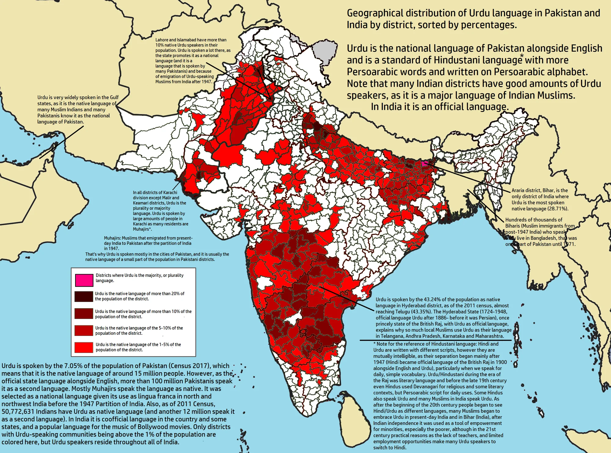 Map showing geographical distribution of Urdu speakers