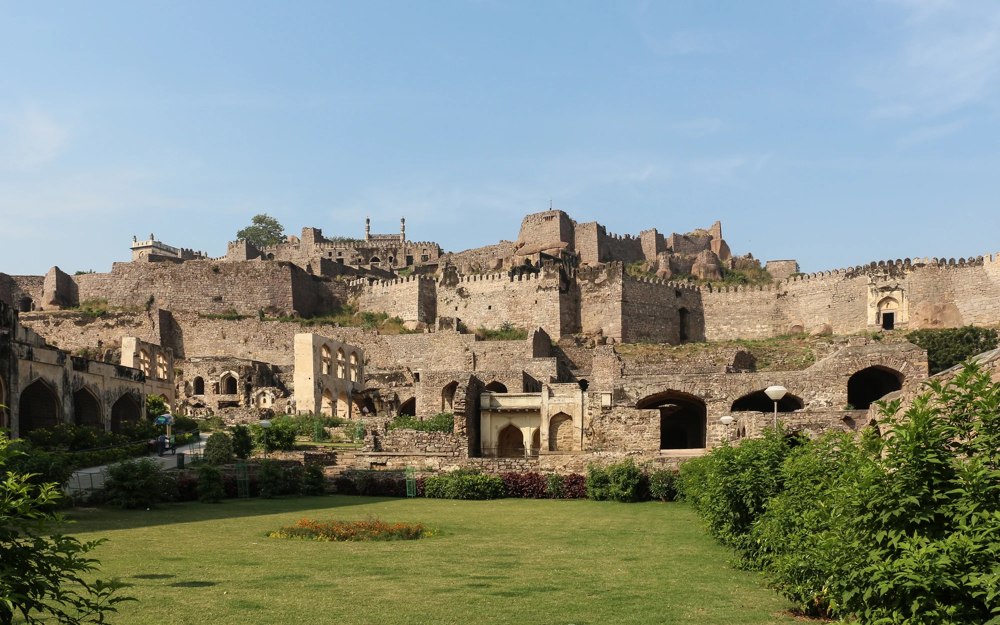 Stone fortification walls and structures inside Golconda Fort