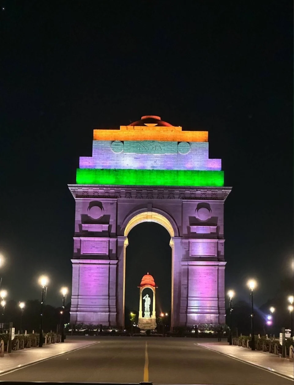 India Gate illuminated during evening on Independence Day with Indian tricolor lighting