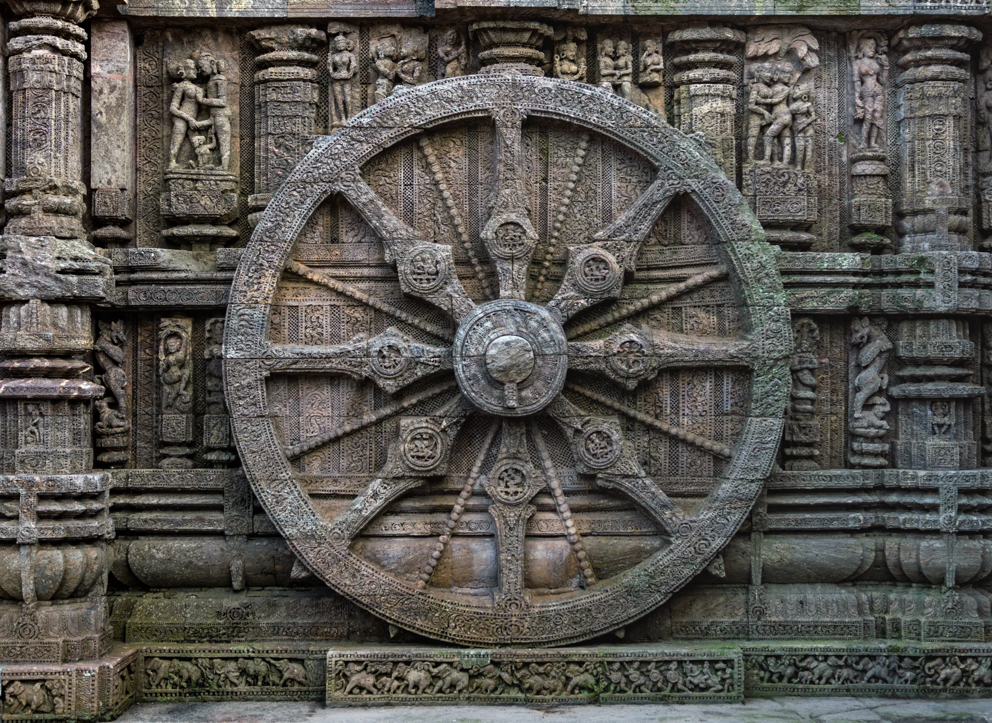 Intricately carved stone wheel from the temple chariot