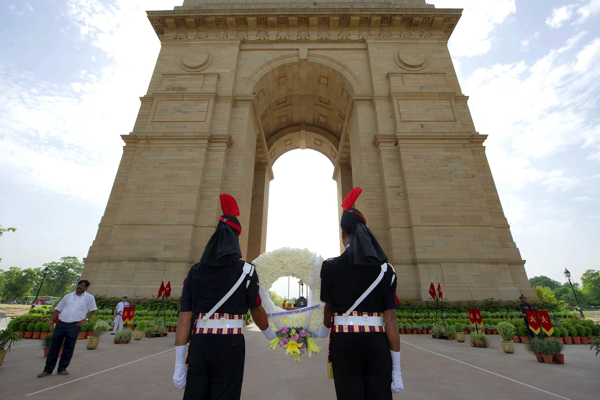 Wide angle view of India Gate showing its full architectural structure