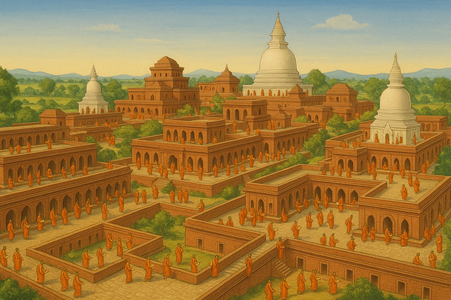 Nalanda mahavihara at its height with monks and stupas