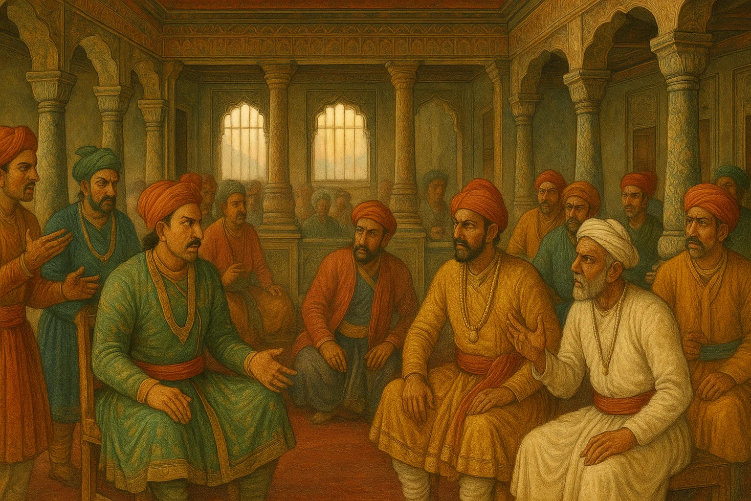 The Peshwa durbar hall in Pune with courtiers in traditional dress