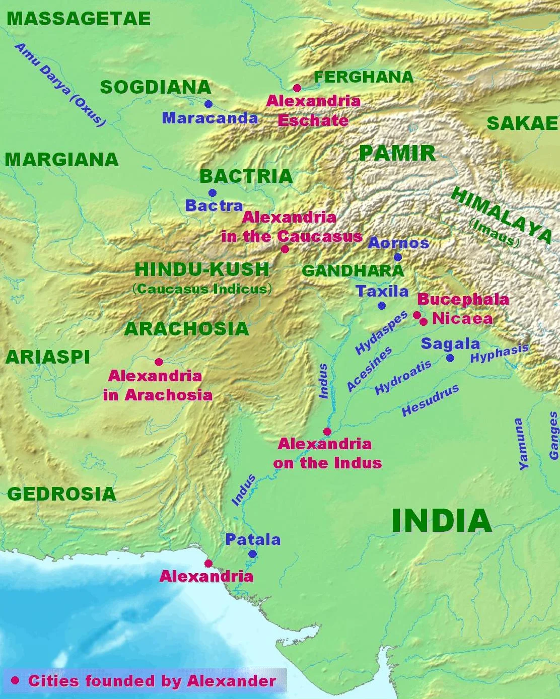 Map showing Alexander's campaigns in the region including Taxila