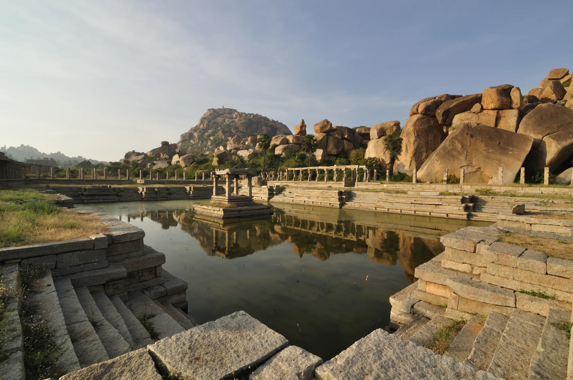 Dancing Girls Bath, an ornate stepped water tank at Hampi