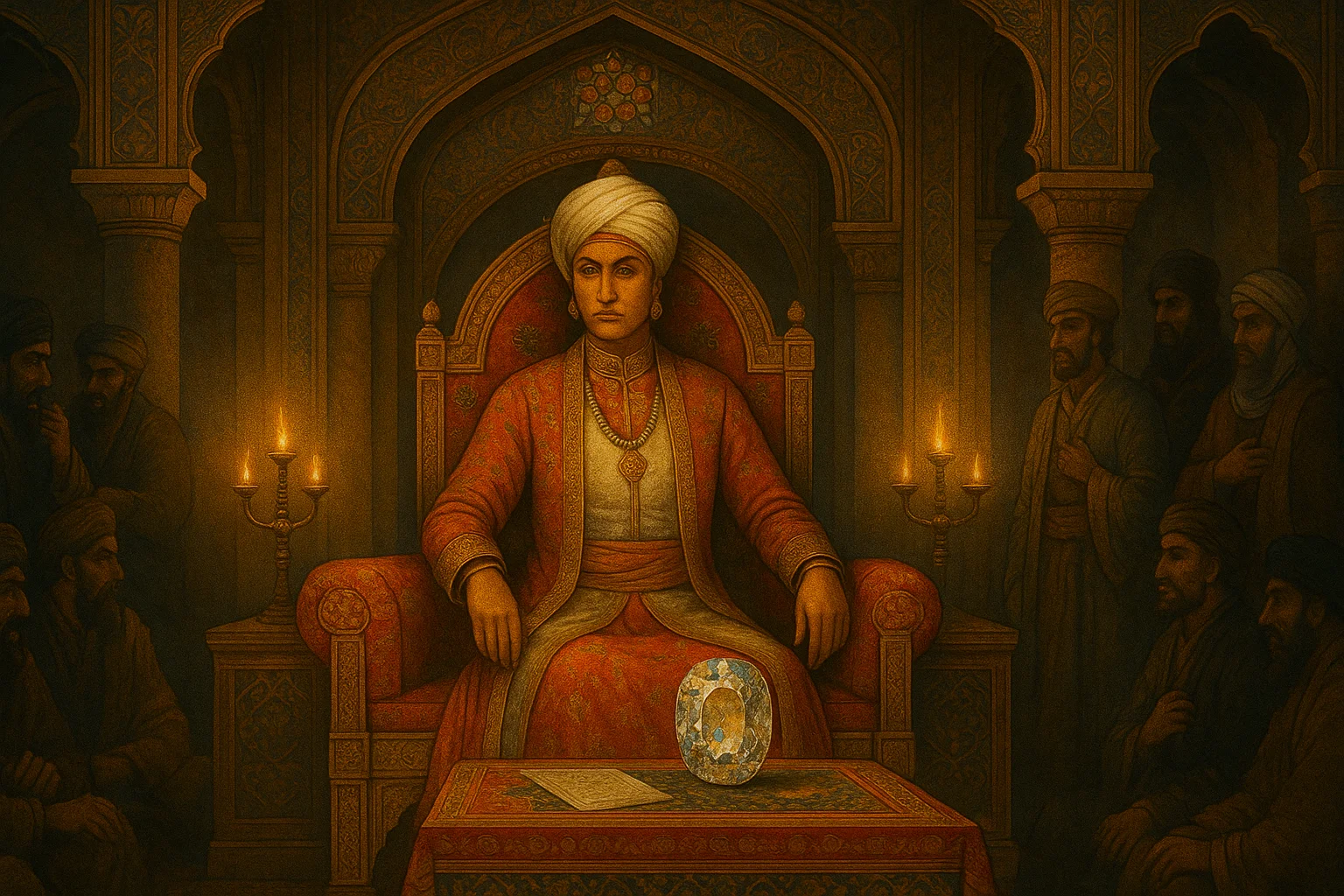 Razia Sultan seated on throne in Delhi court with plotting nobles