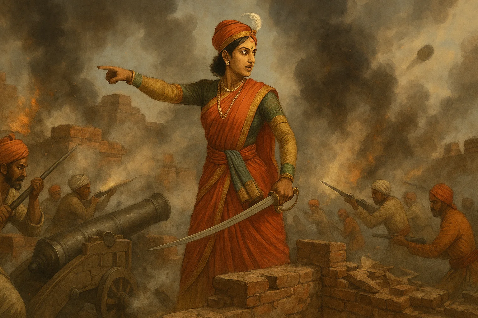 Rani Lakshmibai commanding defenders on fort walls during bombardment