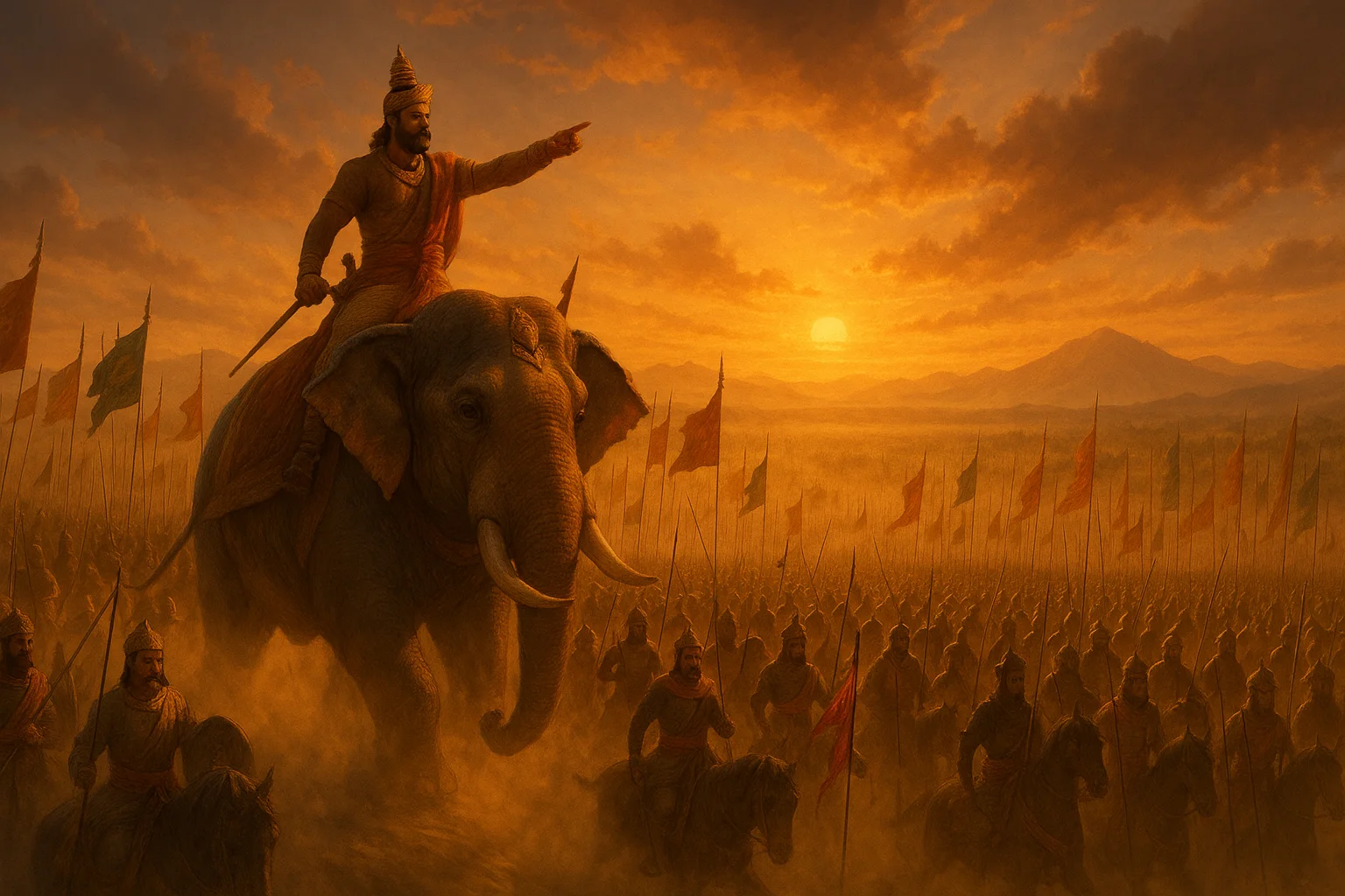 Samudragupta on war elephant leading vast army across Indian plains