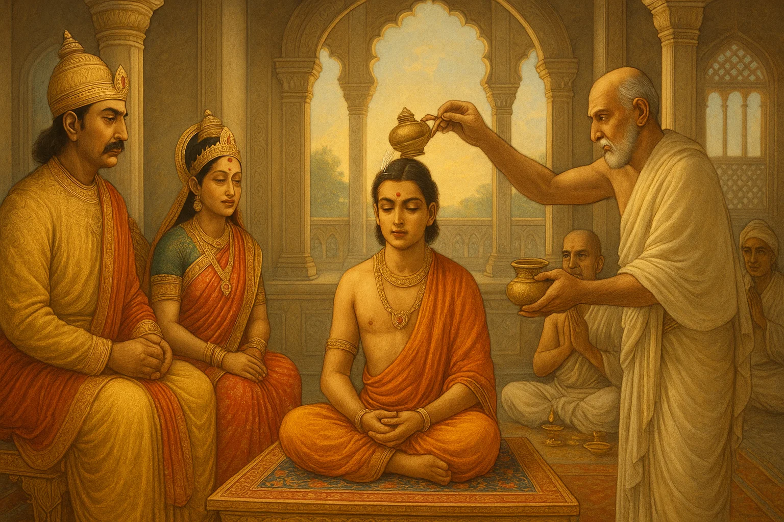 Young Samudragupta receiving royal consecration in Pataliputra palace