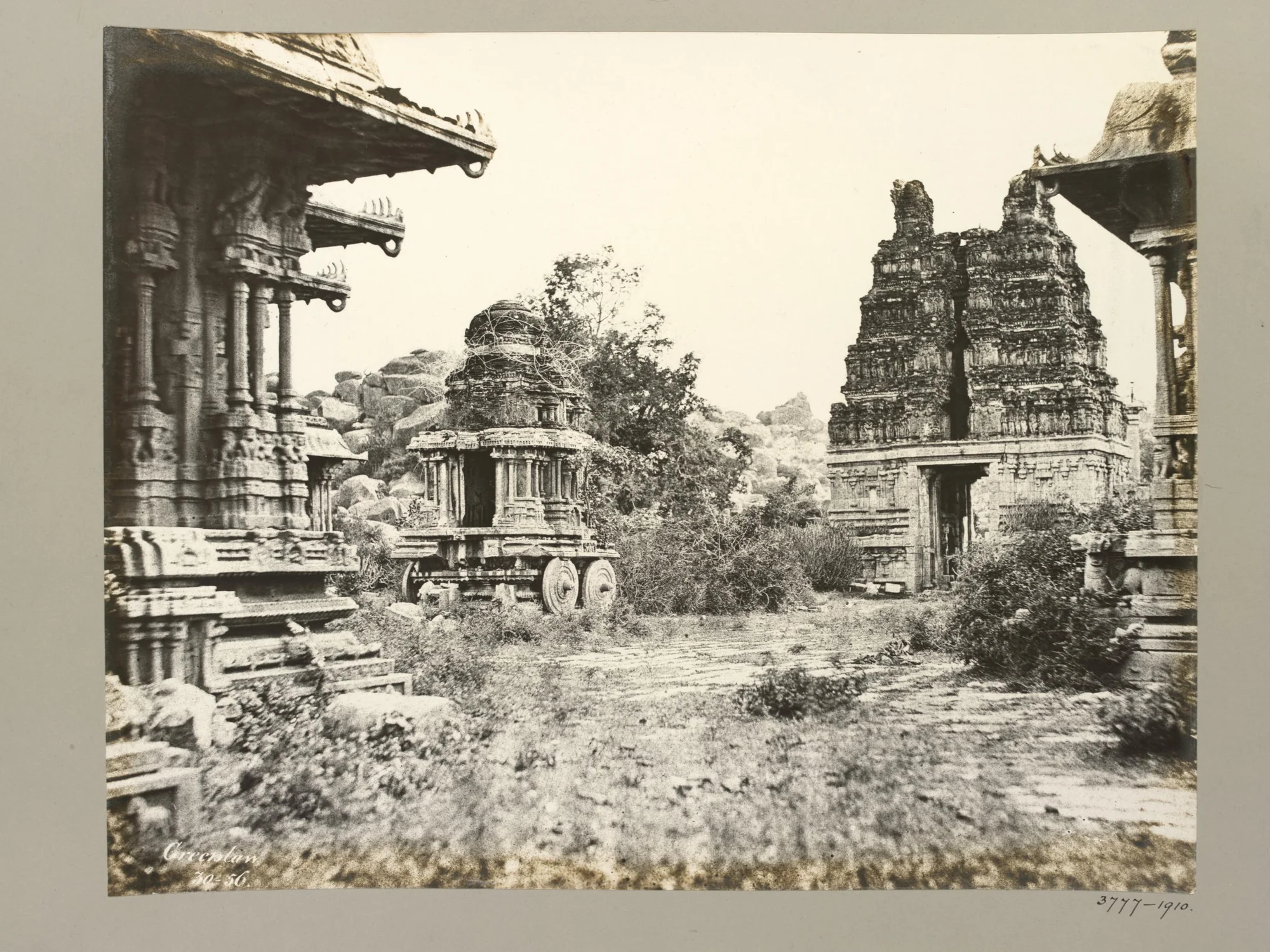 Historical 1856 photograph of Garuda Temple, Maha Mandapa and Eastern Gopura at Vittala Temple Complex