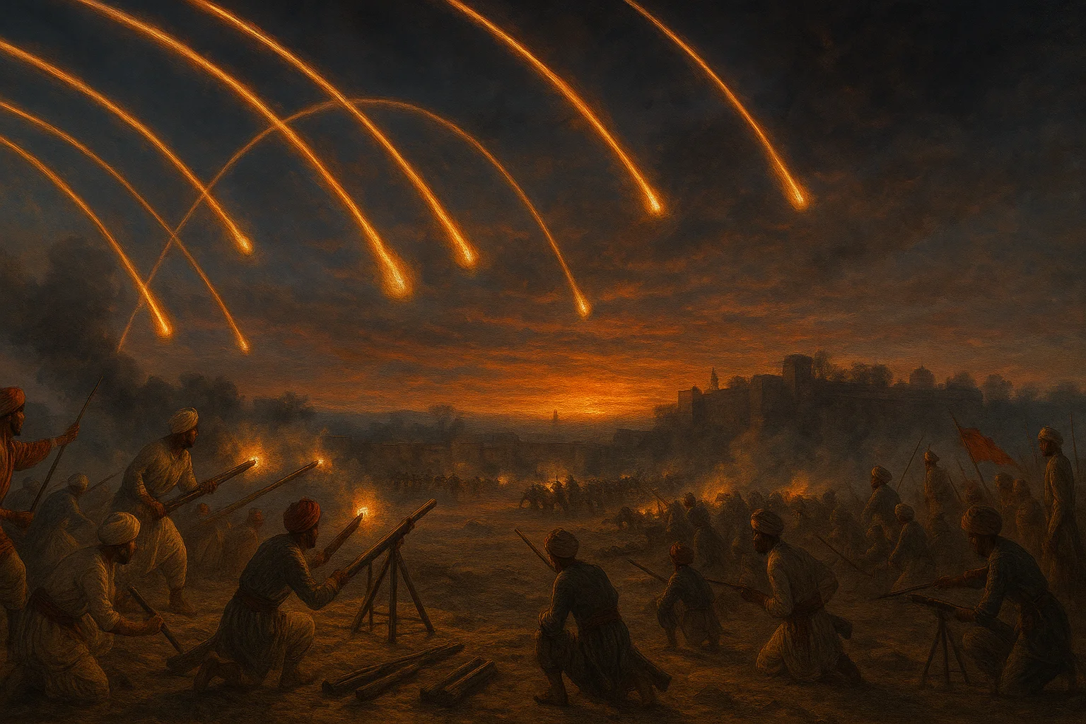 Mysorean rocket corps launching rockets in battle against British forces