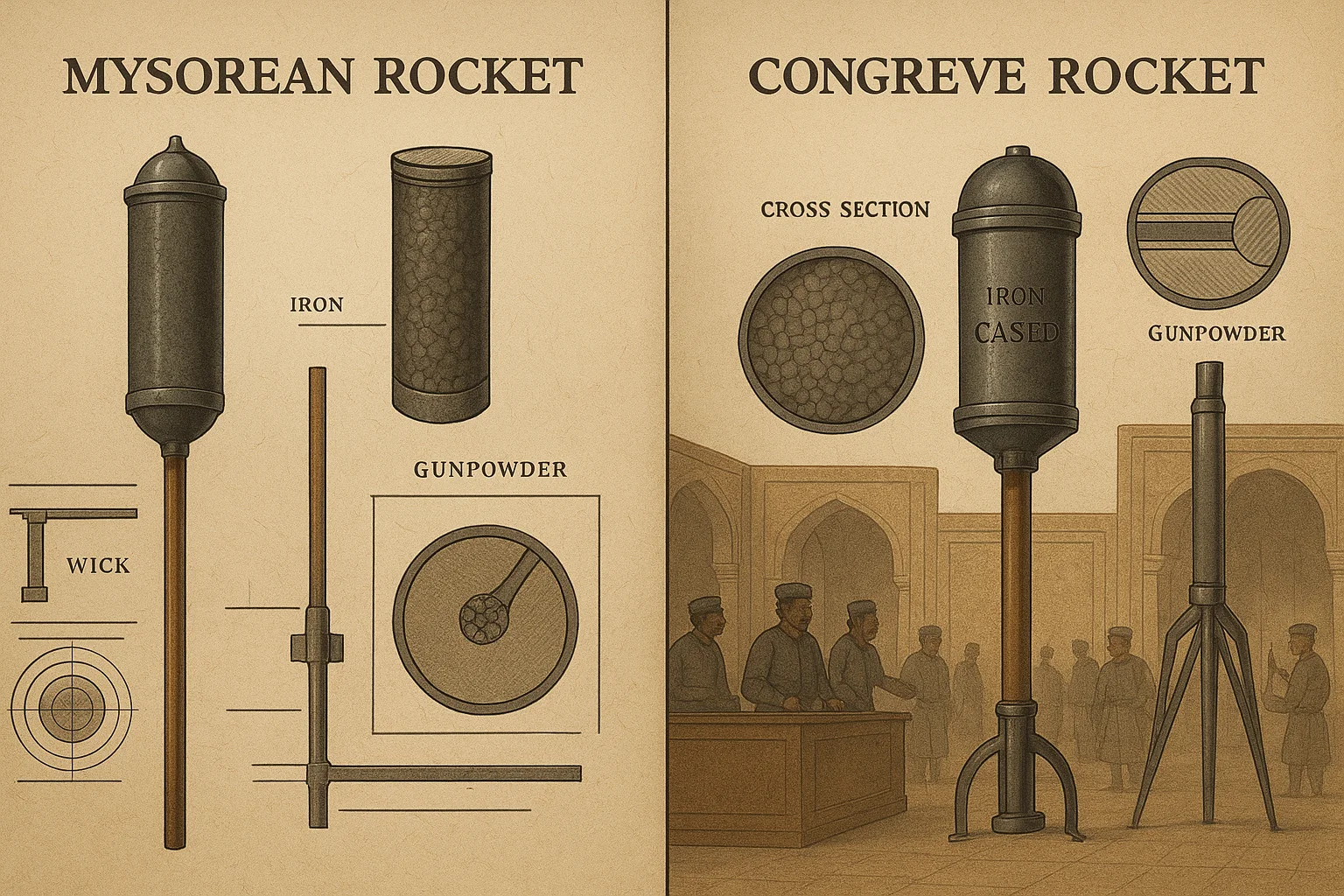 Mysorean rocket and Congreve rocket comparison showing technological evolution