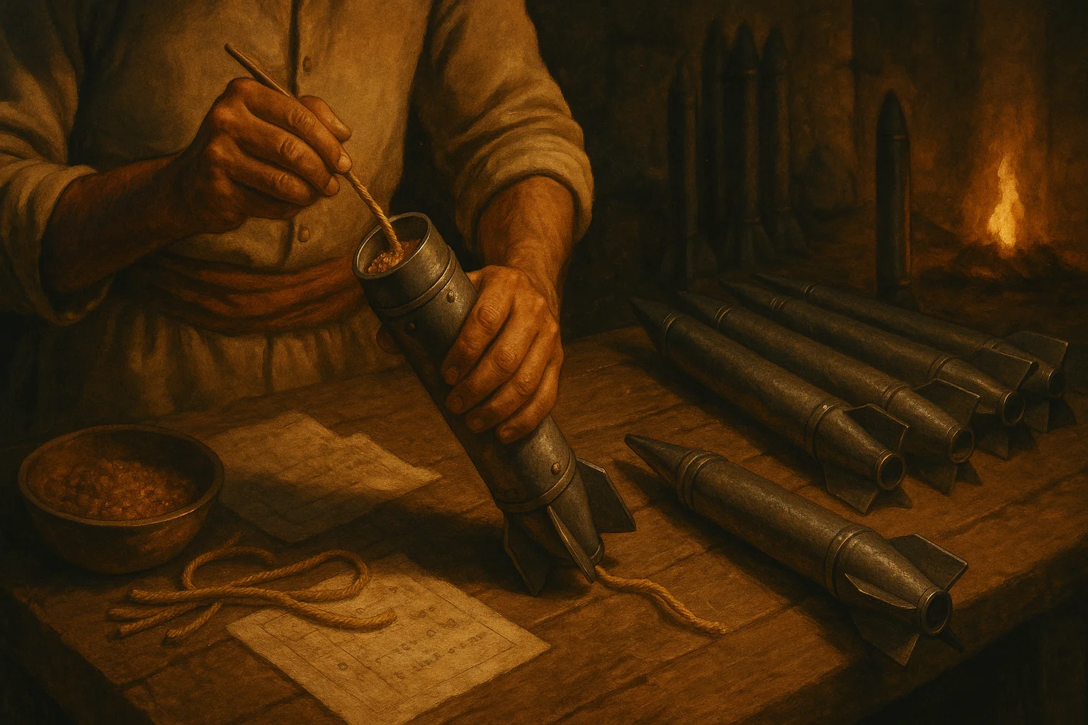 Mysorean soldier preparing iron-cased rocket in workshop