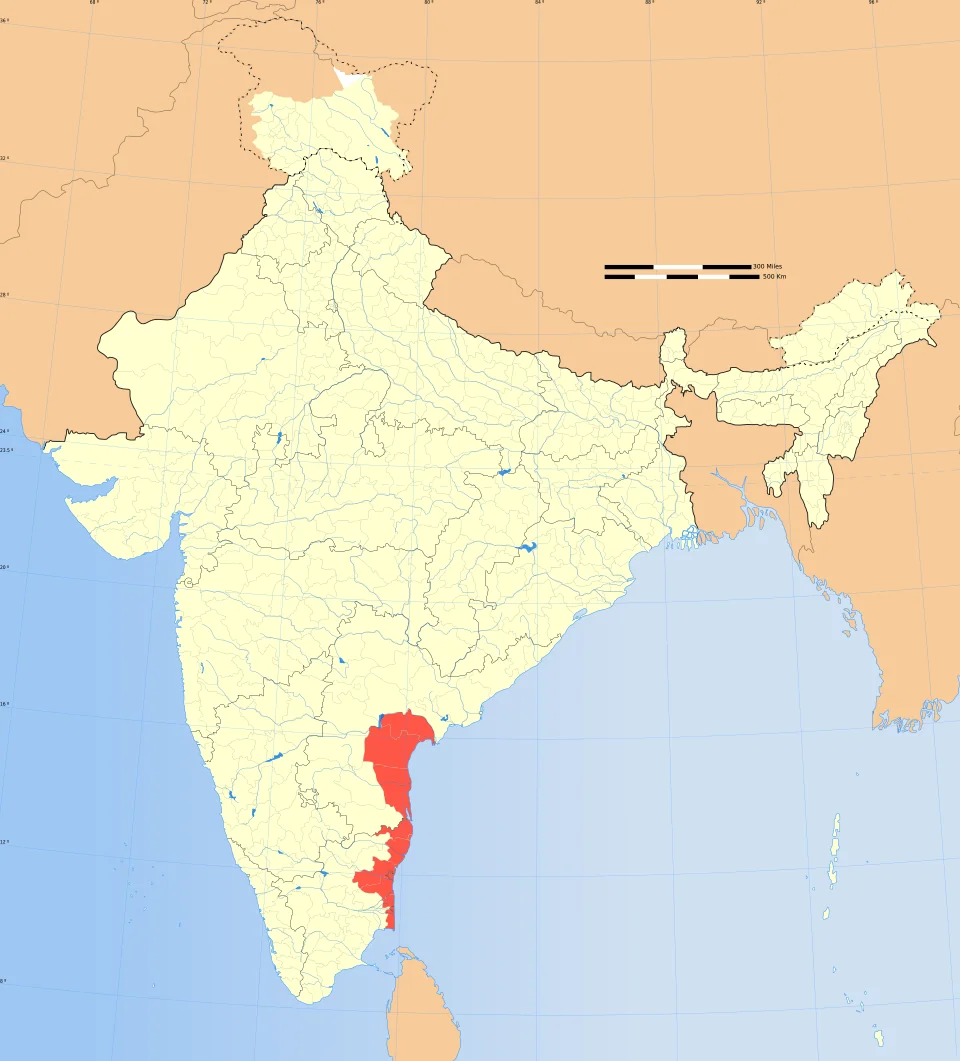 Modern locator map showing the Coromandel Coast on India's southeastern shore