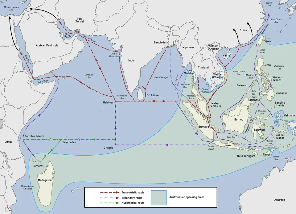 Map showing Austronesian maritime trade networks in the Indian Ocean