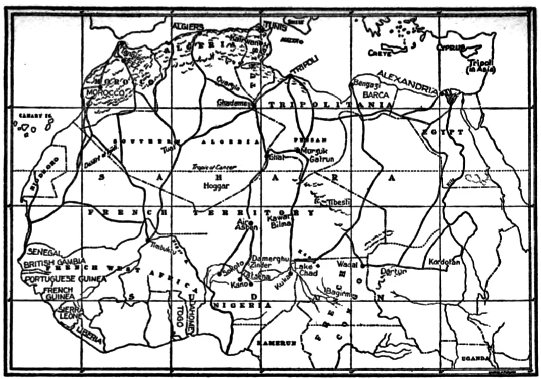 1909 map of Northern Africa showing caravan routes