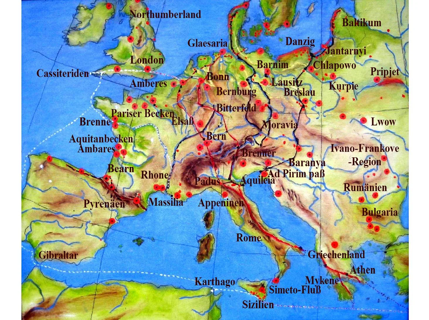 Map showing amber sources in Europe