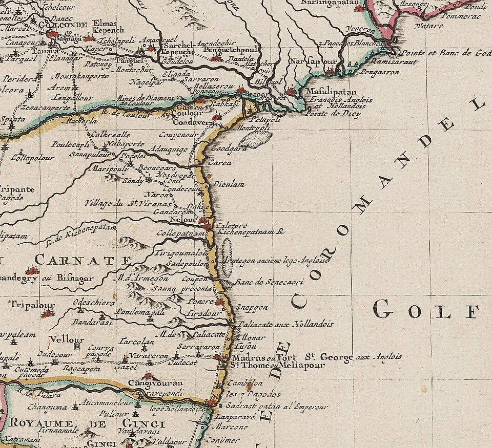 Historical cartographic representation of the Coromandel Coast