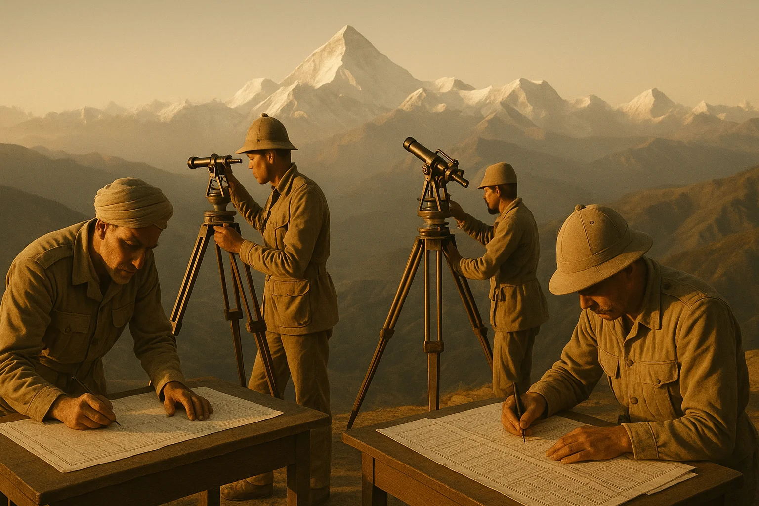 Survey team calculating measurements of distant Himalayan peaks with Peak XV on the horizon