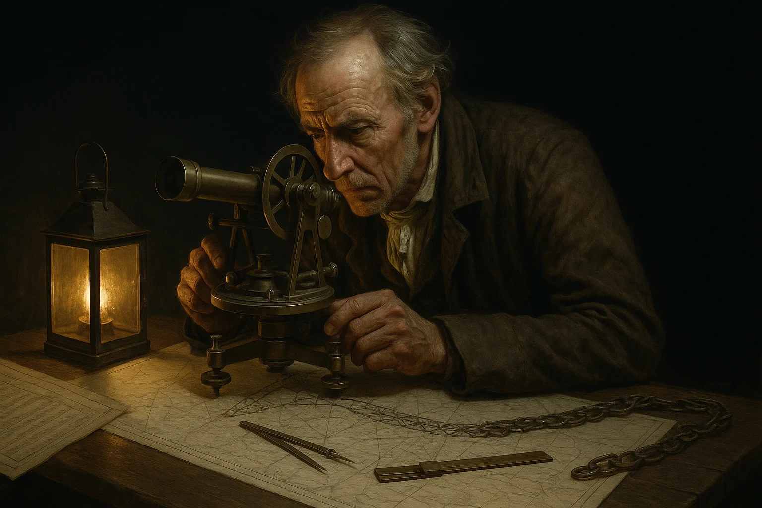 William Lambton hunched over elaborate surveying equipment at night with lantern light